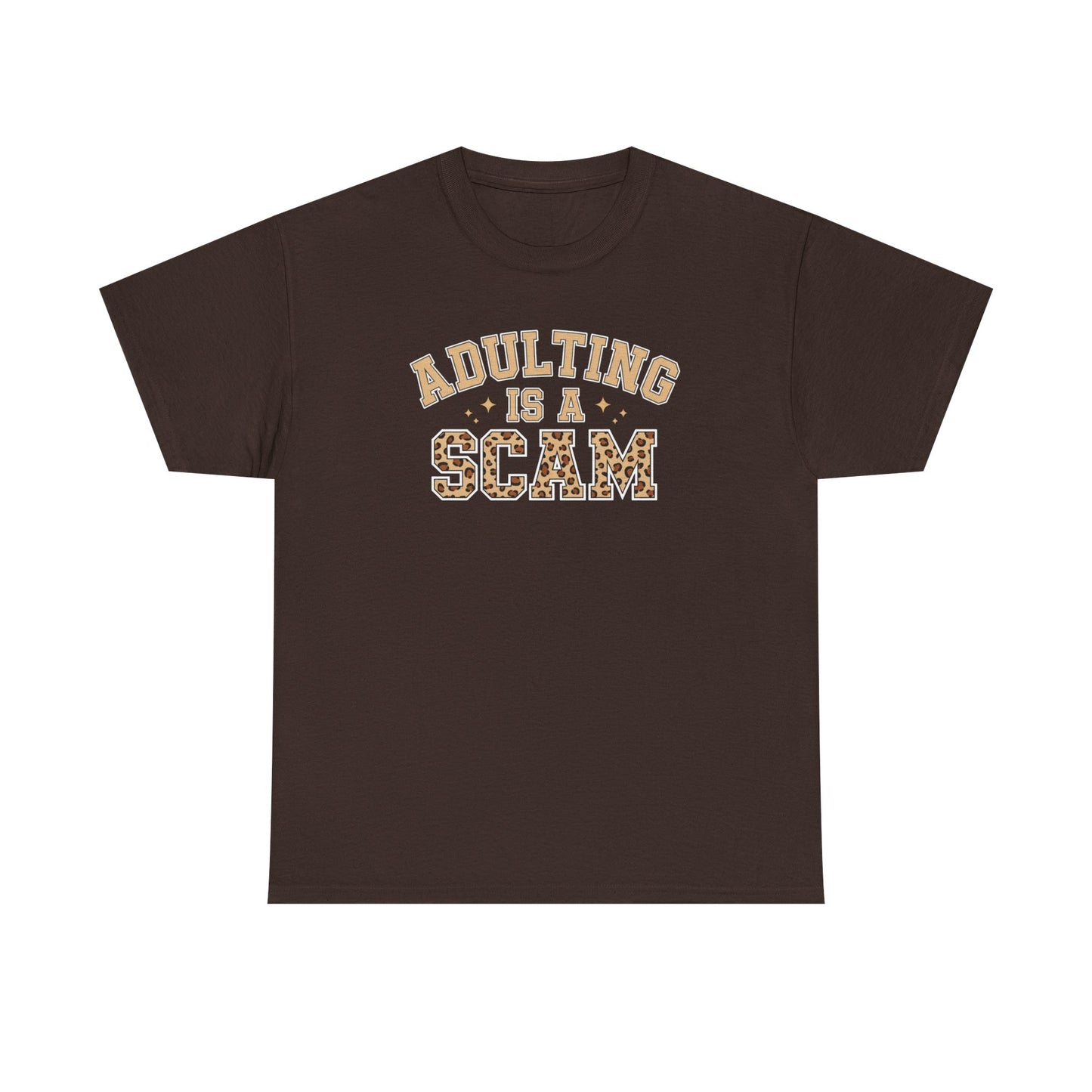 Adulting Is a Scam T-Shirt — Funny Retro Leopard Print Graphic Tee - Sarcastic Humor Shirt, Trendy Casual Tee