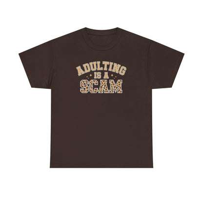 Adulting Is a Scam T-Shirt — Funny Retro Leopard Print Graphic Tee - Sarcastic Humor Shirt, Trendy Casual Tee
