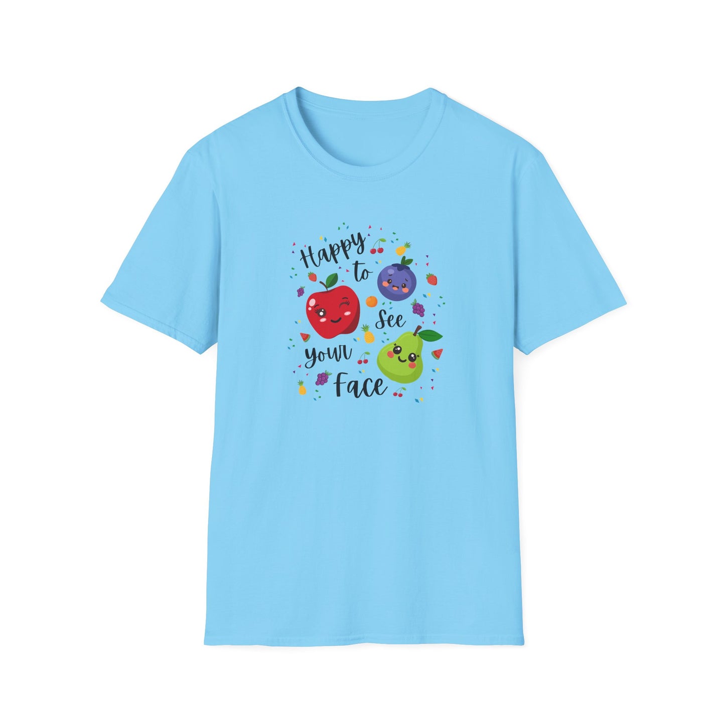 Cute Kawaii Fruit Shirt – Smiling Apple Pear Blueberry Tee – Fun Kids Summer T-Shirt – Colorful Cartoon Fruit Design