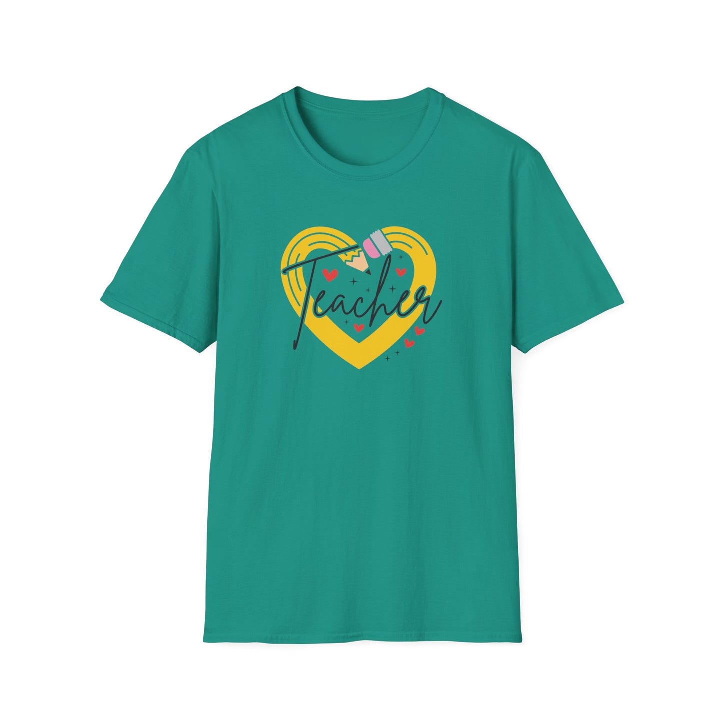 Teacher Heart Graphic T‑Shirt — Cute Yellow Heart, Pencil & 'Teacher' Script