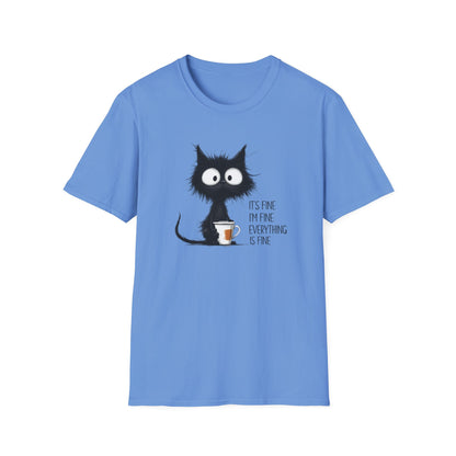 It’s Fine I’m Fine Everything Is Fine Cat Shirt – Funny Black Cat Coffee T-Shirt, Anxious Cat Graphic Tee, Relatable Humor Gift