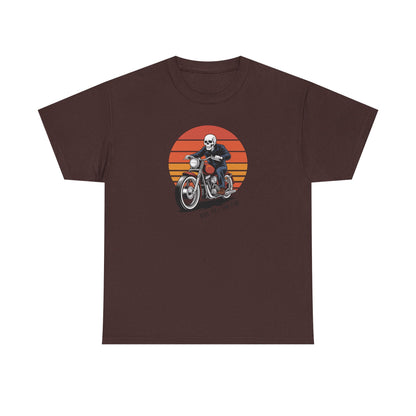 Motorcycle Rider Tee — Retro Sunset Biker Graphic "Ride Fast, Live Free" - Skeleton Biker T-Shirt