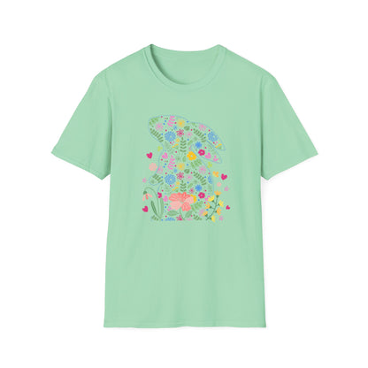 Floral Easter Bunny T-Shirt – Cute Spring Flower Bunny Graphic Tee, Pastel Botanical Easter Shirt, Colorful Rabbit Silhouette Tee for Women