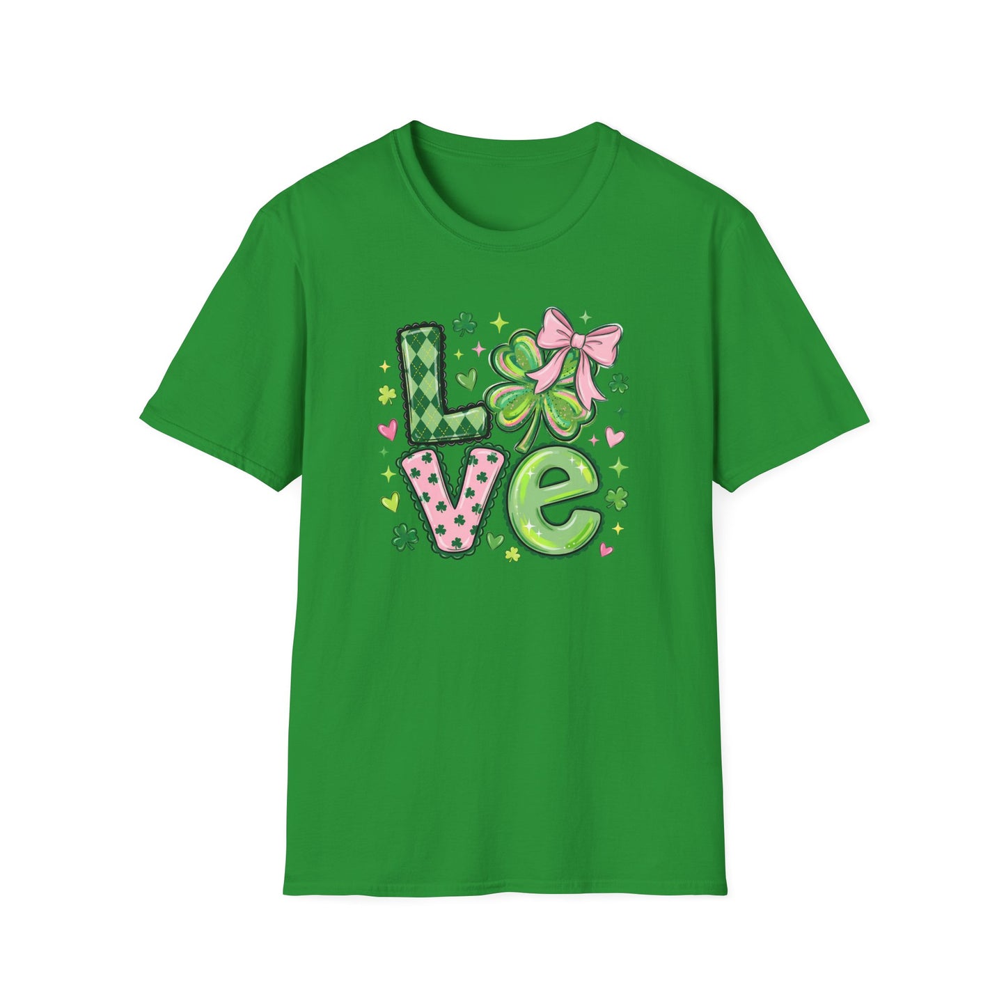 St. Patrick’s Day Love Shirt – Cute Shamrock Bow Graphic Tee, Pink & Green Clover Love Design, Lucky Irish Coquette Style Shirt