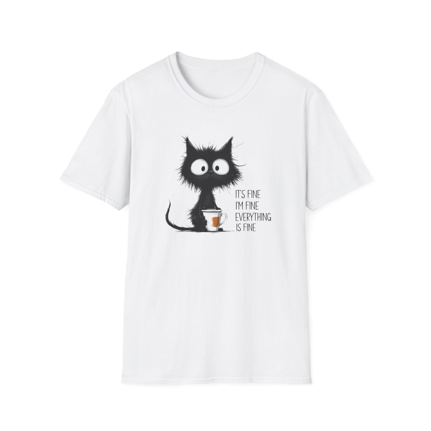 It’s Fine I’m Fine Everything Is Fine Cat Shirt – Funny Black Cat Coffee T-Shirt, Anxious Cat Graphic Tee, Relatable Humor Gift