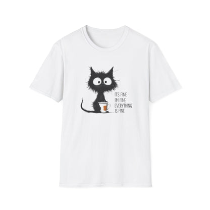 It’s Fine I’m Fine Everything Is Fine Cat Shirt – Funny Black Cat Coffee T-Shirt, Anxious Cat Graphic Tee, Relatable Humor Gift