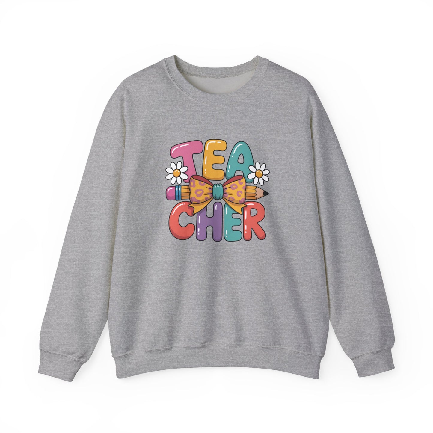 Teacher Crewneck Sweatshirt — Colorful Retro 'Teacher' Bow & Daisies Design