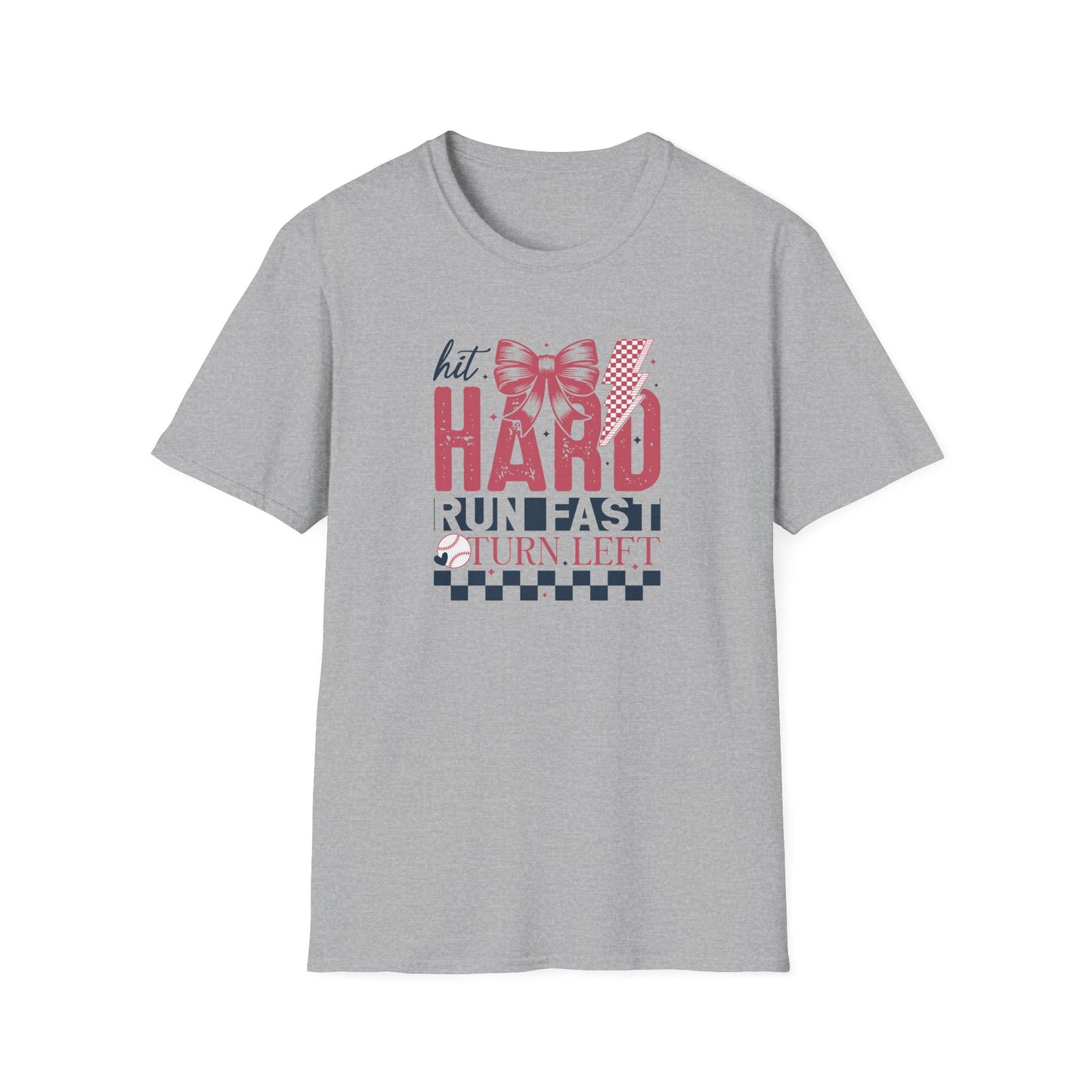 Hit Hard Run Fast Turn Left Baseball Shirt – Cute Softball Bow Tee | Game Day Shirt for Women | Sports Mom Graphic T-Shirt