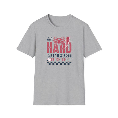 Hit Hard Run Fast Turn Left Baseball Shirt – Cute Softball Bow Tee | Game Day Shirt for Women | Sports Mom Graphic T-Shirt