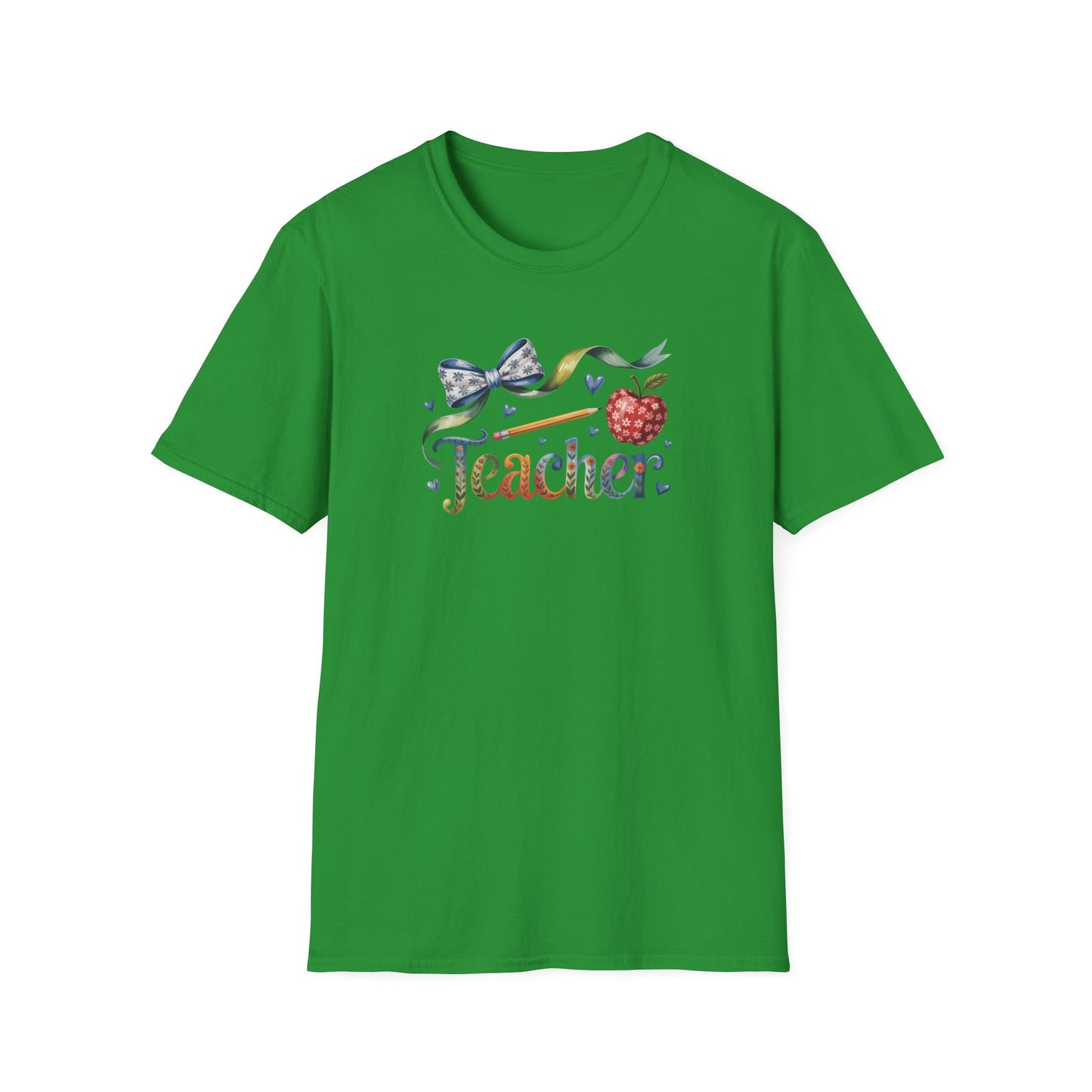 Teacher Floral Bow T-Shirt — Cute Apple & Script Teacher Shirt for Educators