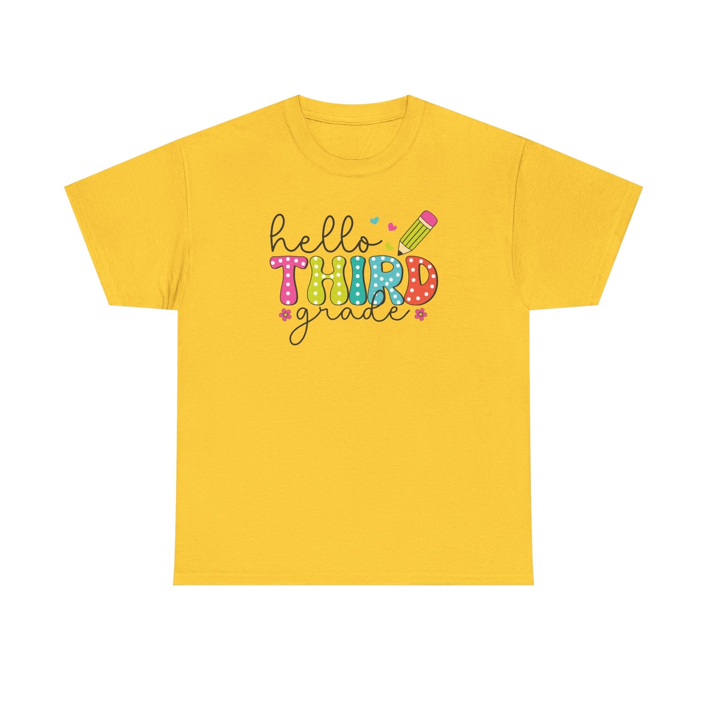 Hello Third Grade T-Shirt - Cute Back-to-School Tee with Colorful Pencil Design - Teacher Team Tee