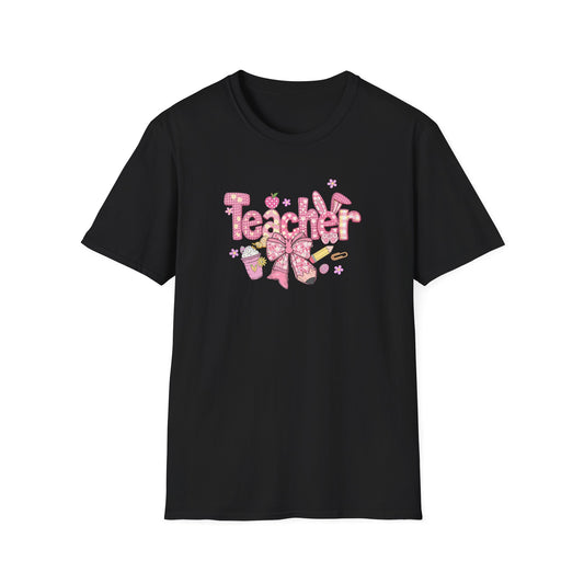 Teacher Pink Bow T-Shirt — Cute Classroom Gift for Teachers