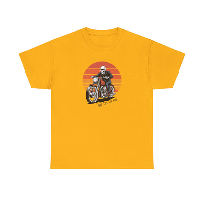 Motorcycle Rider Tee — Retro Sunset Biker Graphic "Ride Fast, Live Free" - Skeleton Biker T-Shirt