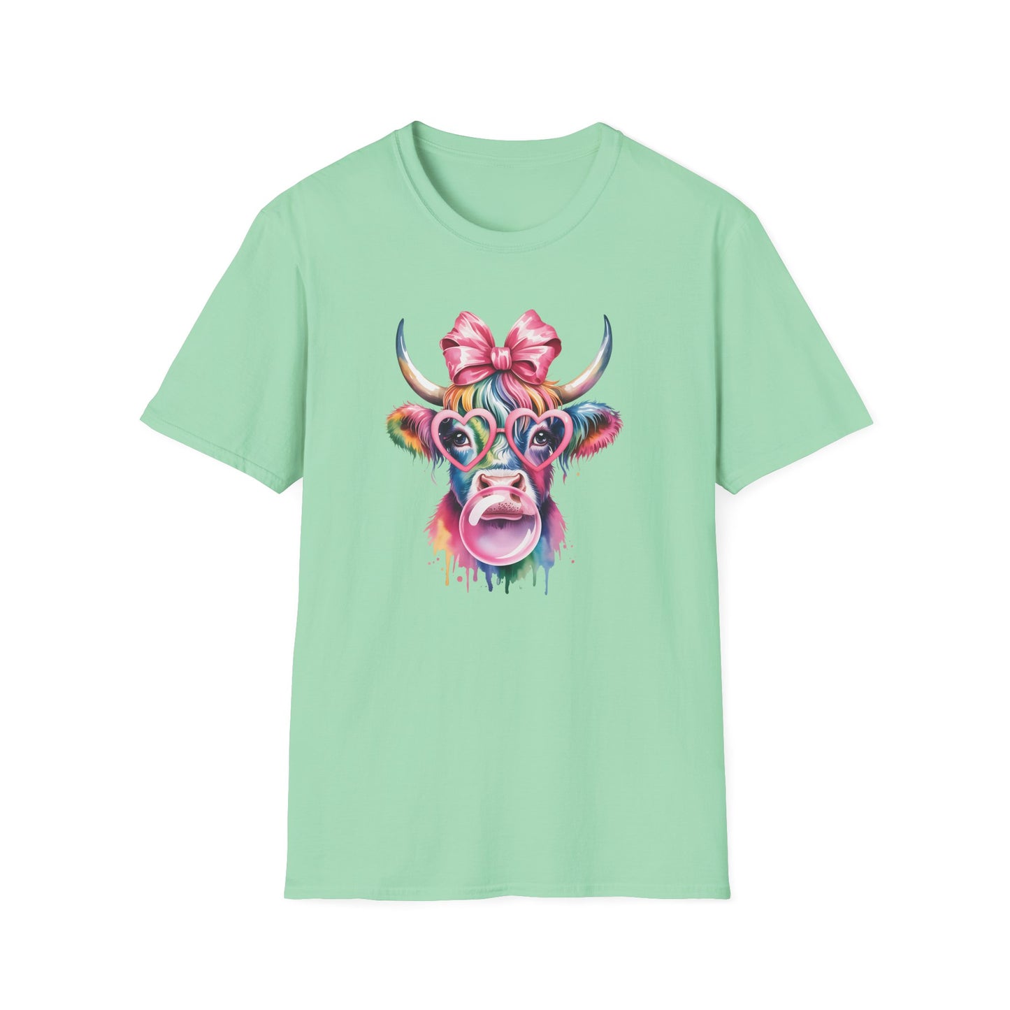 Cute Rainbow Highland Cow T-Shirt – Pink Coquette Bow Cow Graphic Tee, Funny Bubblegum Cow Shirt, Colorful Farm Animal Aesthetic Tee for Women