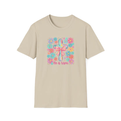 He Is Risen Easter Shirt – Christian Floral Cross Tee, Religious Easter Shirt for Women, Faith Based Spring Christian T-Shirt
