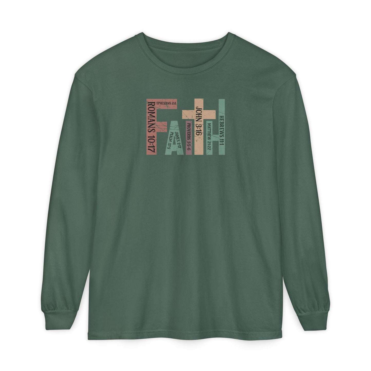 Faith Cross Long Sleeve Tee — Christian Scripture Romans 10:17 Shirt