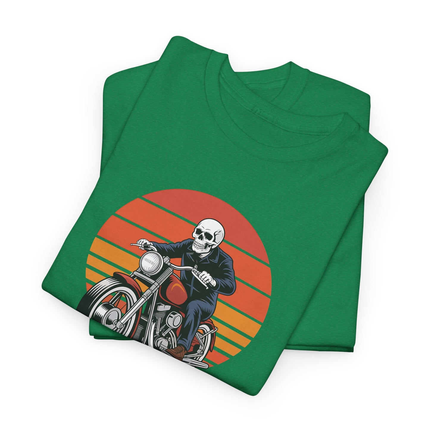Motorcycle Rider Tee — Retro Sunset Biker Graphic "Ride Fast, Live Free" - Skeleton Biker T-Shirt