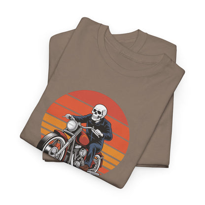 Motorcycle Rider Tee — Retro Sunset Biker Graphic "Ride Fast, Live Free" - Skeleton Biker T-Shirt