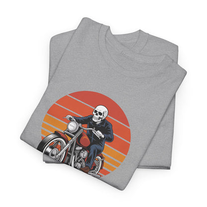 Motorcycle Rider Tee — Retro Sunset Biker Graphic "Ride Fast, Live Free" - Skeleton Biker T-Shirt