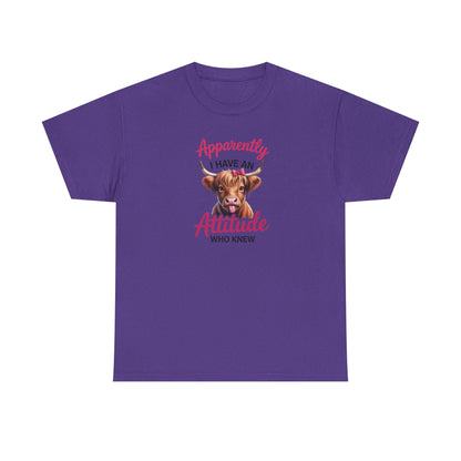 Funny Cow Shirt – “Apparently I Have An Attitude Who Knew” – Cute Highland Cow Tee – Sassy Cowgirl Graphic Shirt