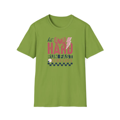 Hit Hard Run Fast Turn Left Baseball Shirt – Cute Softball Bow Tee | Game Day Shirt for Women | Sports Mom Graphic T-Shirt