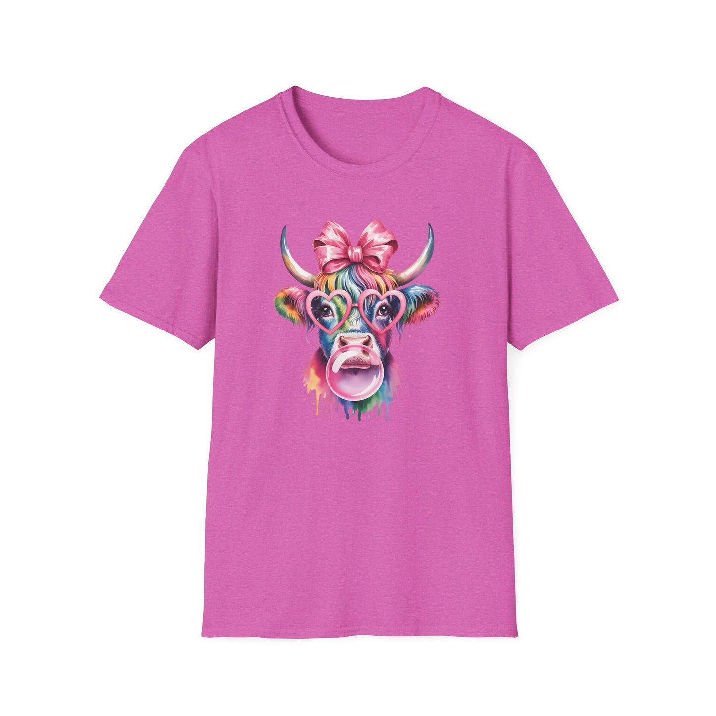 Cute Rainbow Highland Cow T-Shirt – Pink Coquette Bow Cow Graphic Tee, Funny Bubblegum Cow Shirt, Colorful Farm Animal Aesthetic Tee for Women