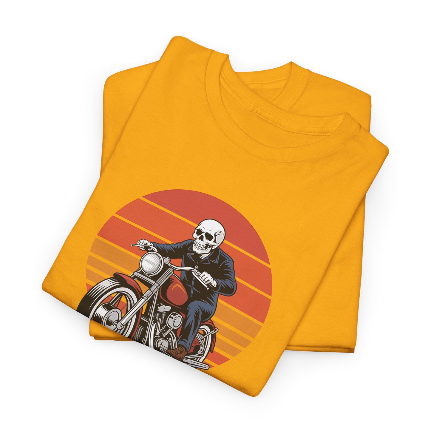Motorcycle Rider Tee — Retro Sunset Biker Graphic "Ride Fast, Live Free" - Skeleton Biker T-Shirt