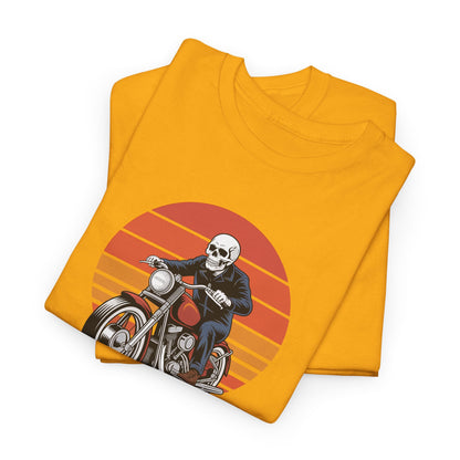 Motorcycle Rider Tee — Retro Sunset Biker Graphic "Ride Fast, Live Free" - Skeleton Biker T-Shirt