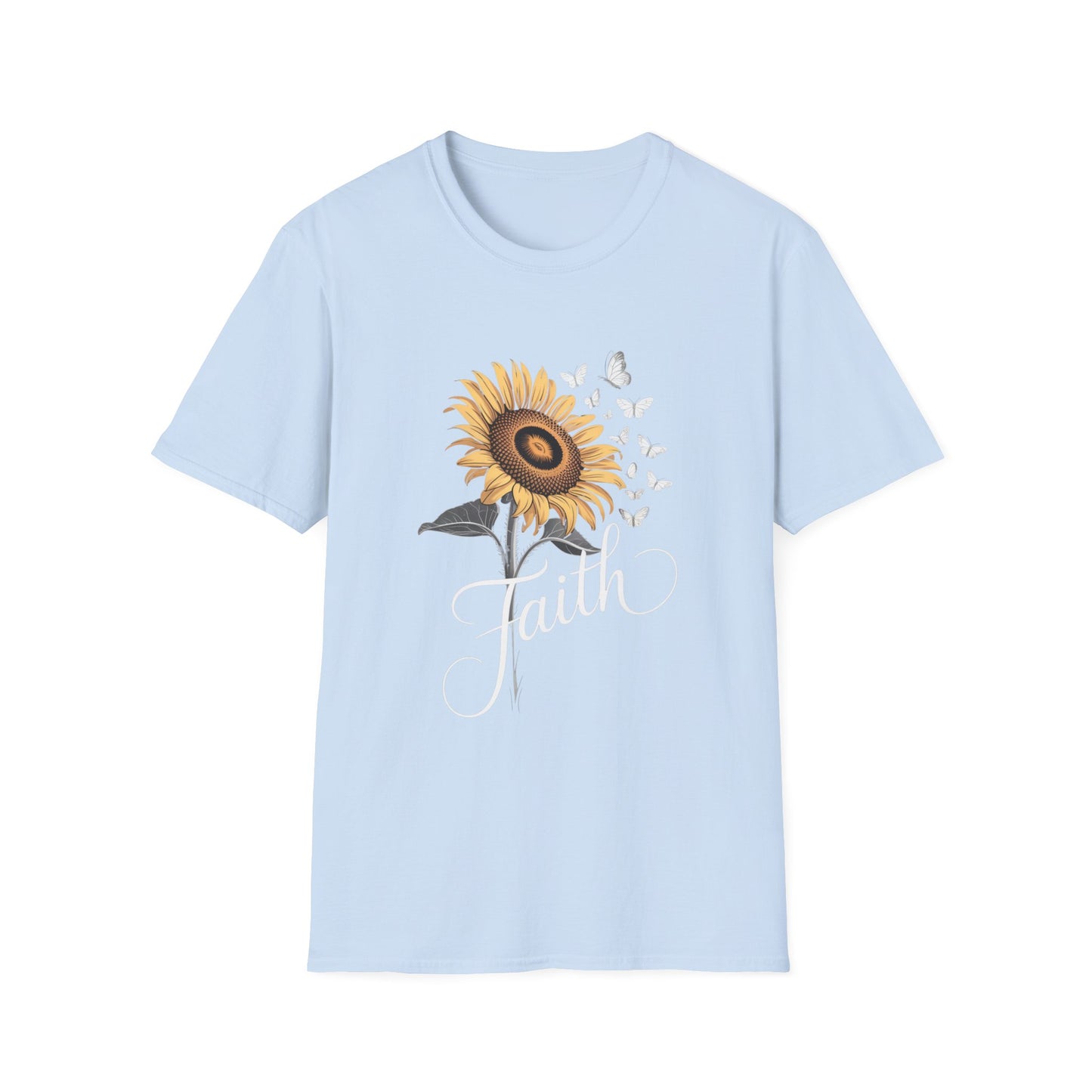 Faith Sunflower T-Shirt — Inspirational Floral Tee with Butterflies