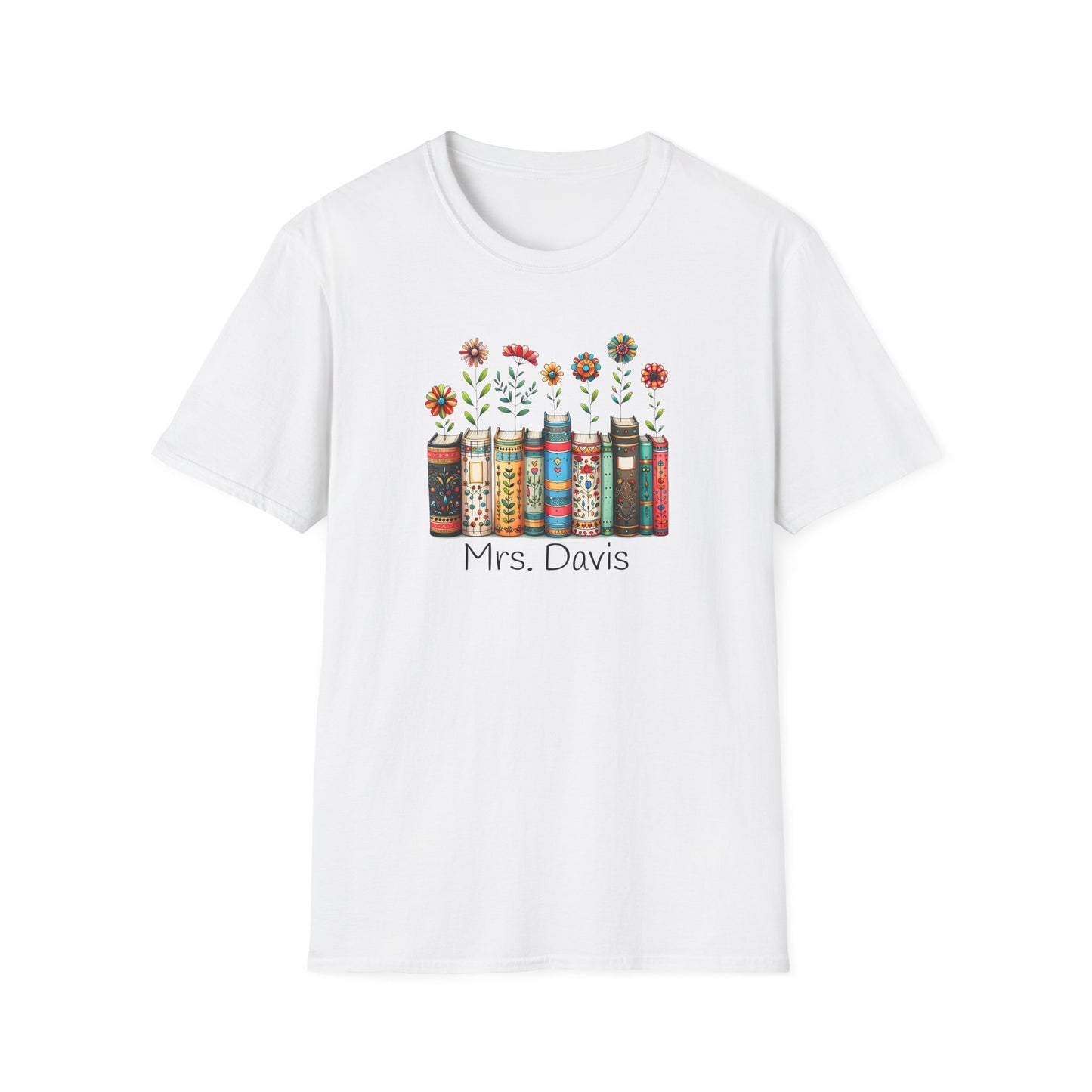 Personalized Floral Book Shirt – Custom Name Book Lover T-Shirt – Teacher & Librarian Gift – Book Stack with Flowers Tee