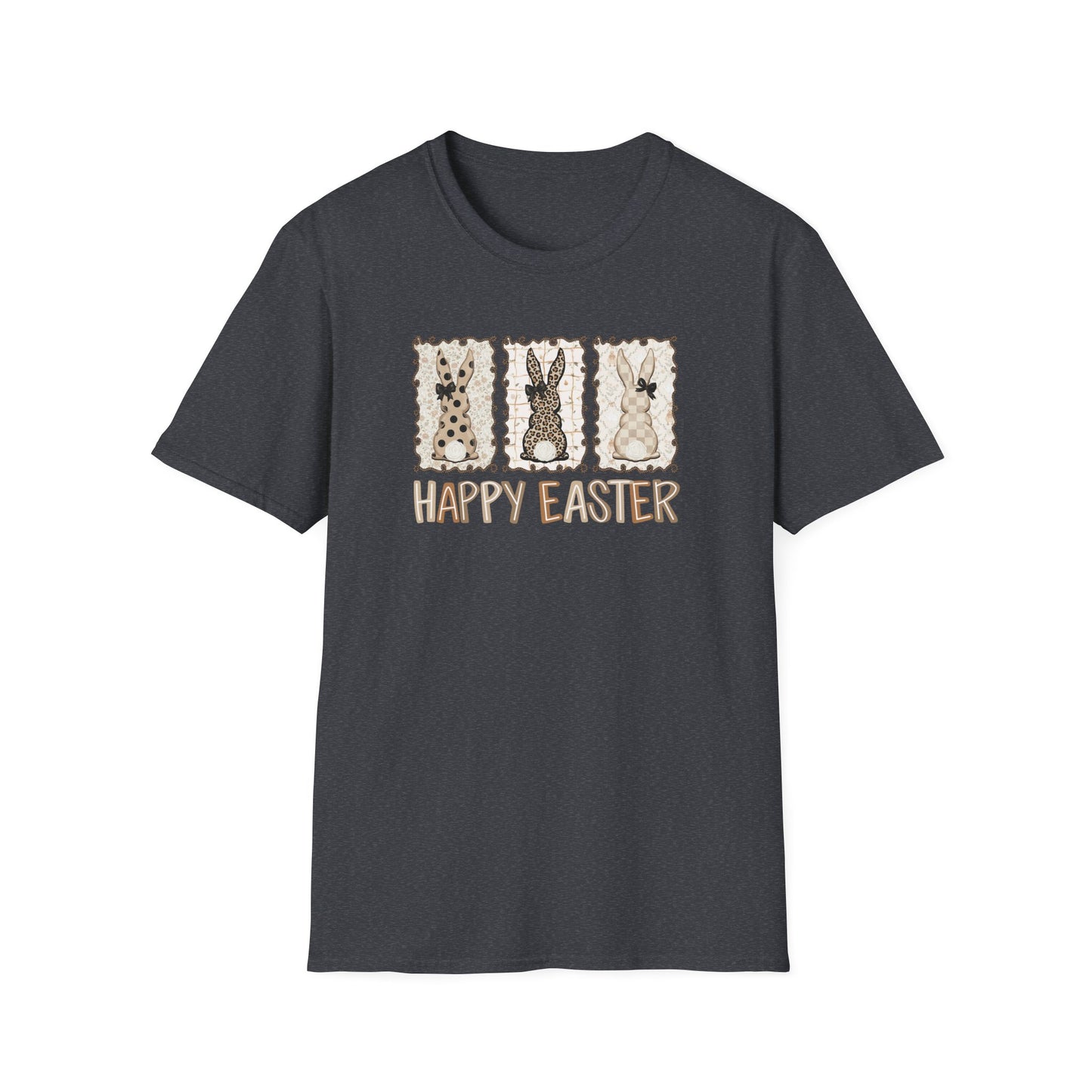 Neutral Happy Easter Bunny Shirt – Vintage Style Easter Graphic Tee, Leopard & Plaid Bunny T-Shirt, Minimalist Spring Holiday Shirt, Women’s Easter Outfit