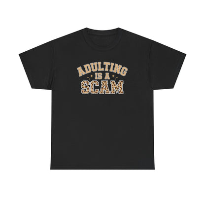 Adulting Is a Scam T-Shirt — Funny Retro Leopard Print Graphic Tee - Sarcastic Humor Shirt, Trendy Casual Tee