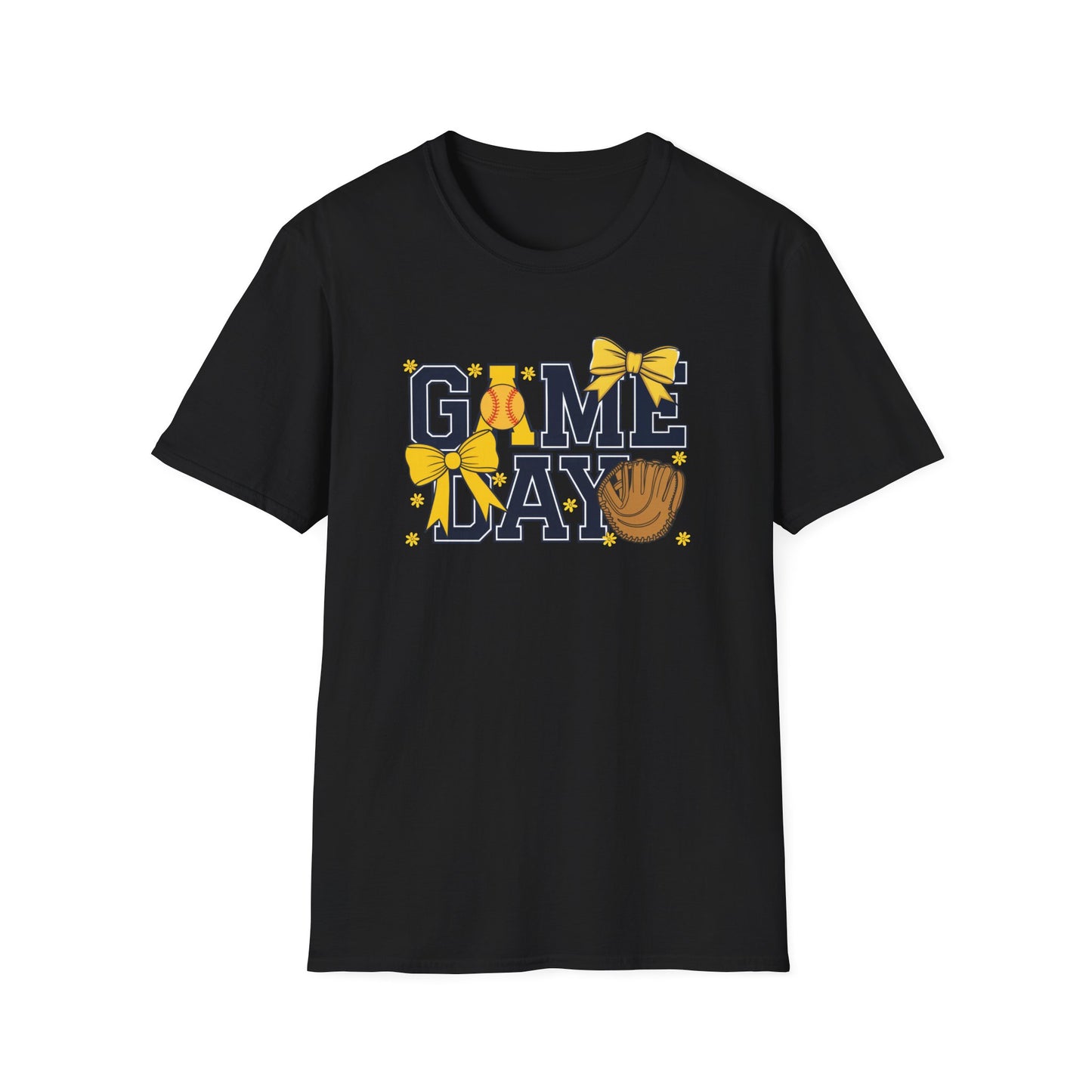 Game Day Softball Bow Shirt – Cute Baseball Mom Tee, Yellow Bow Sports Graphic T-Shirt, Women’s Game Day Outfit, Softball Fan Apparel