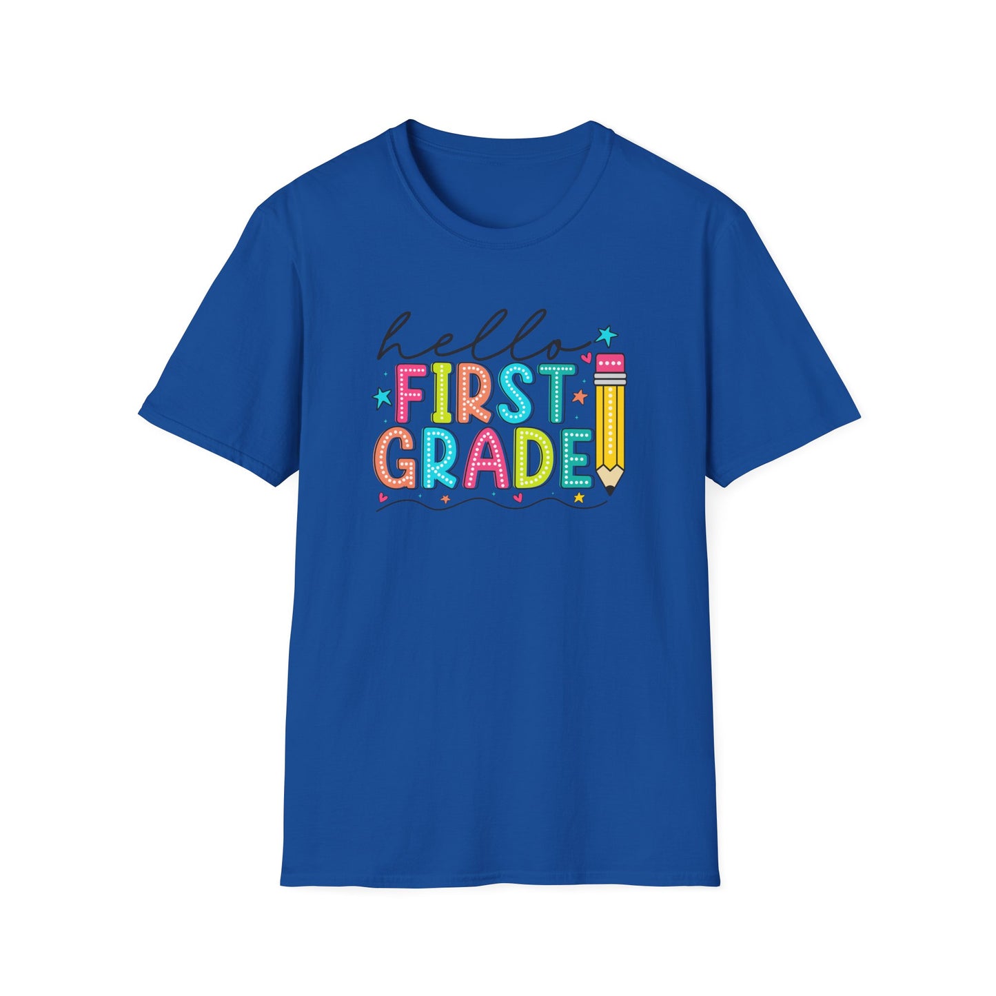 Hello First Grade Pencil T-Shirt — Colorful Back-to-School Cute School Spirit Tee