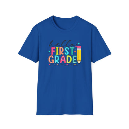Hello First Grade Pencil T-Shirt — Colorful Back-to-School Cute School Spirit Tee