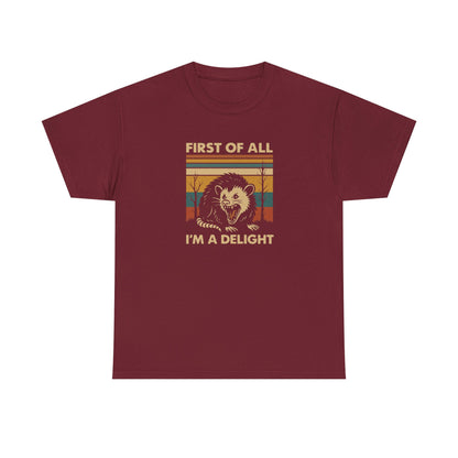 "First of All I'm a Delight" Vintage Graphic T-Shirt - Funny Retro Opossum Tee