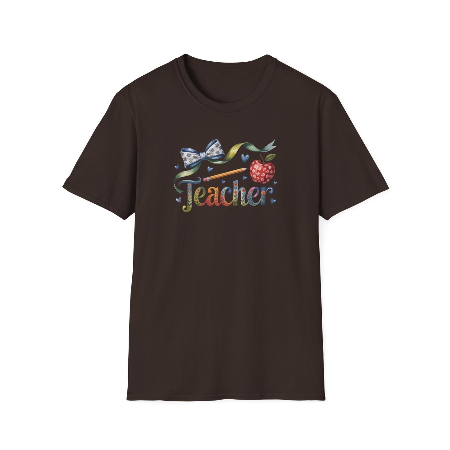 Teacher Floral Bow T-Shirt — Cute Apple & Script Teacher Shirt for Educators