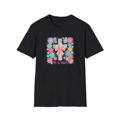 He Is Risen Easter Shirt – Christian Floral Cross Tee, Religious Easter Shirt for Women, Faith Based Spring Christian T-Shirt