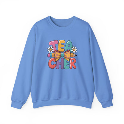 Teacher Crewneck Sweatshirt — Colorful Retro 'Teacher' Bow & Daisies Design
