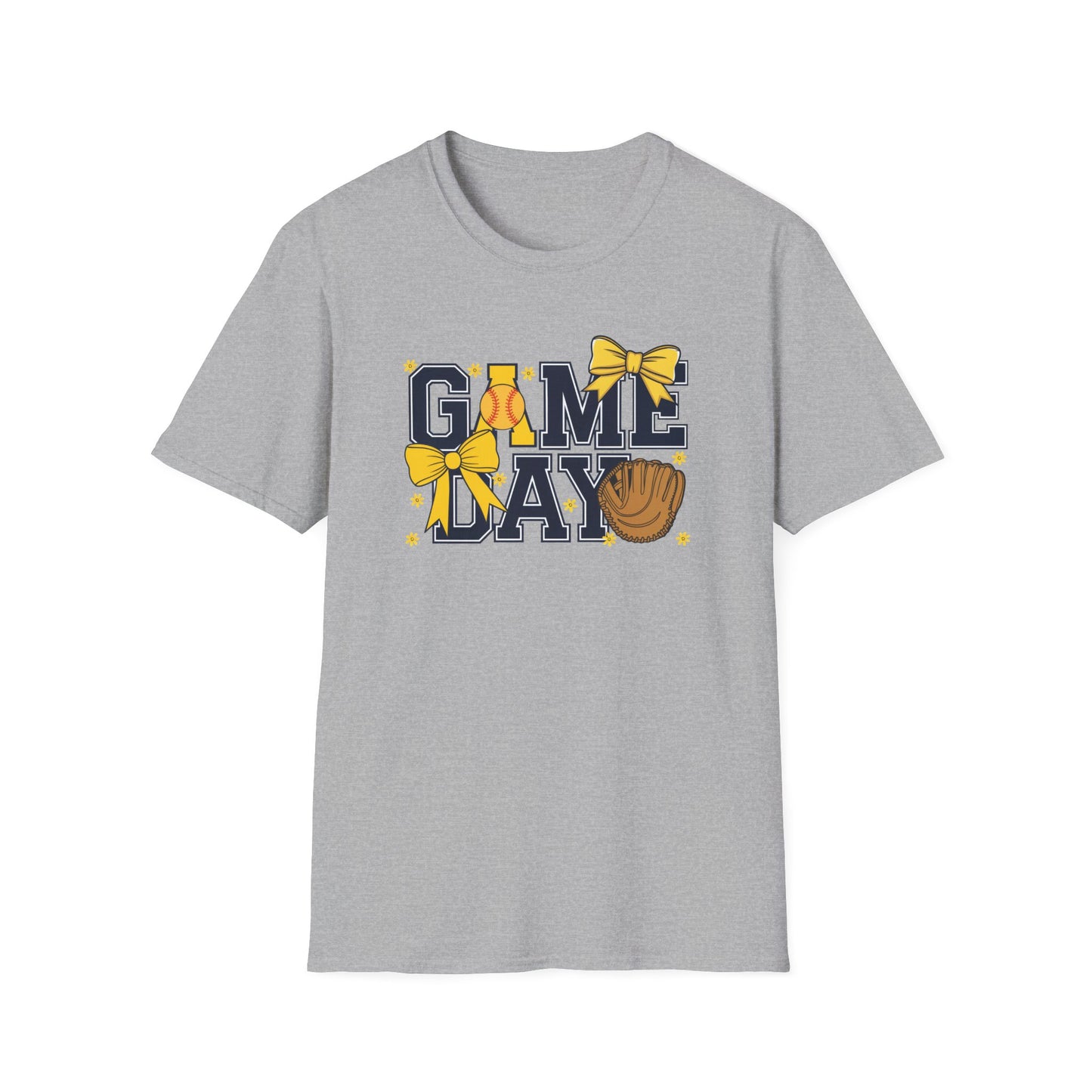 Game Day Softball Bow Shirt – Cute Baseball Mom Tee, Yellow Bow Sports Graphic T-Shirt, Women’s Game Day Outfit, Softball Fan Apparel