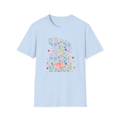 Floral Easter Bunny T-Shirt – Cute Spring Flower Bunny Graphic Tee, Pastel Botanical Easter Shirt, Colorful Rabbit Silhouette Tee for Women