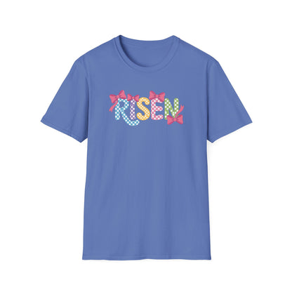 Risen Easter Shirt, Christian Easter Bunny Bow Tee, Faith Based Easter Shirt, Pastel Coquette Spring Graphic T-Shirt, Religious Easter Outfit for Women