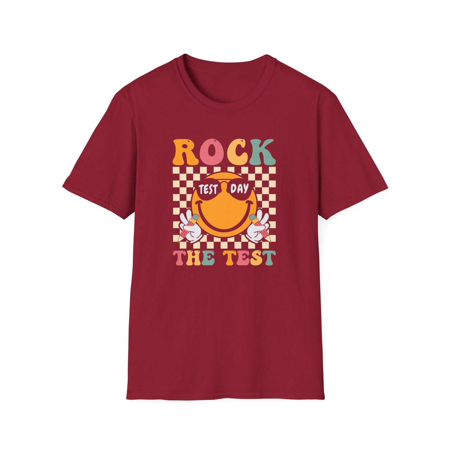 Rock The Test T-Shirt — Retro Smiley Motivation Tee for Students & Teachers