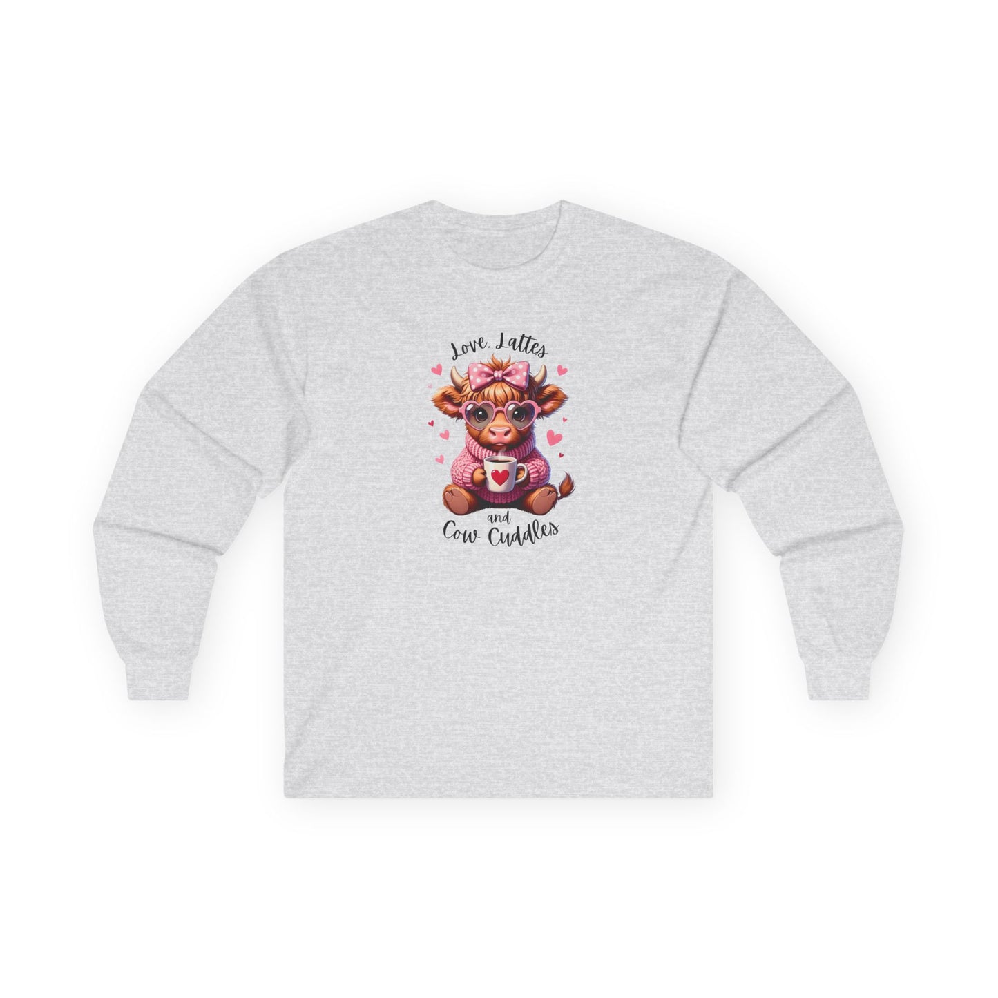 Cow Cuddles Long Sleeve Tee – Cute Cow with Coffee Valentine Shirt