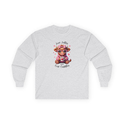 Cow Cuddles Long Sleeve Tee – Cute Cow with Coffee Valentine Shirt