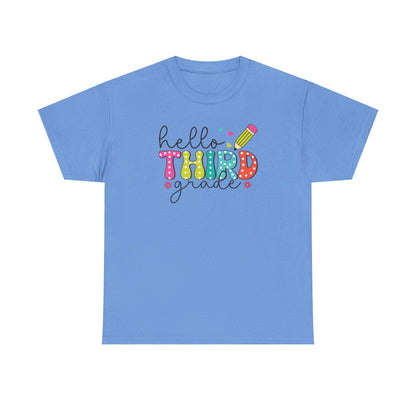 Hello Third Grade T-Shirt - Cute Back-to-School Tee with Colorful Pencil Design - Teacher Team Tee