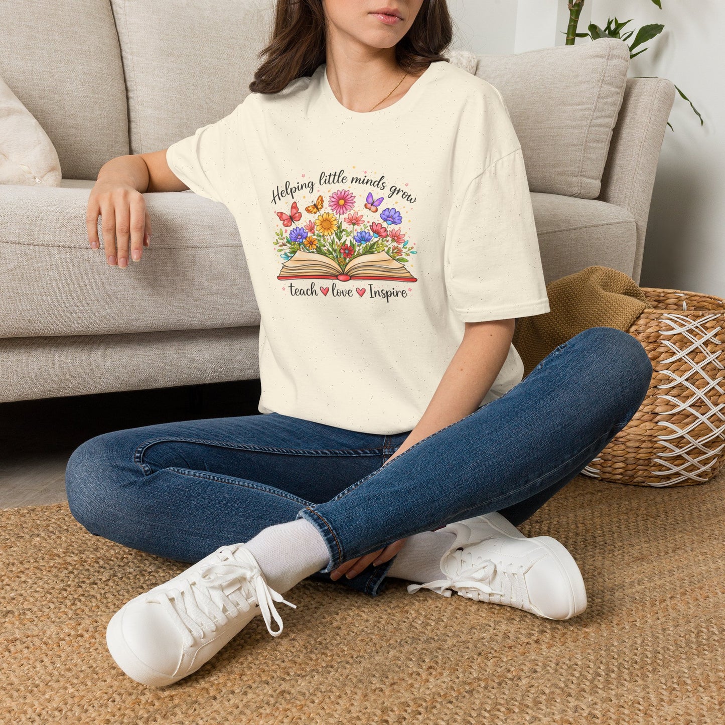 Helping Little Minds Grow Teacher Shirt | Teach Love Inspire Floral Book Tee