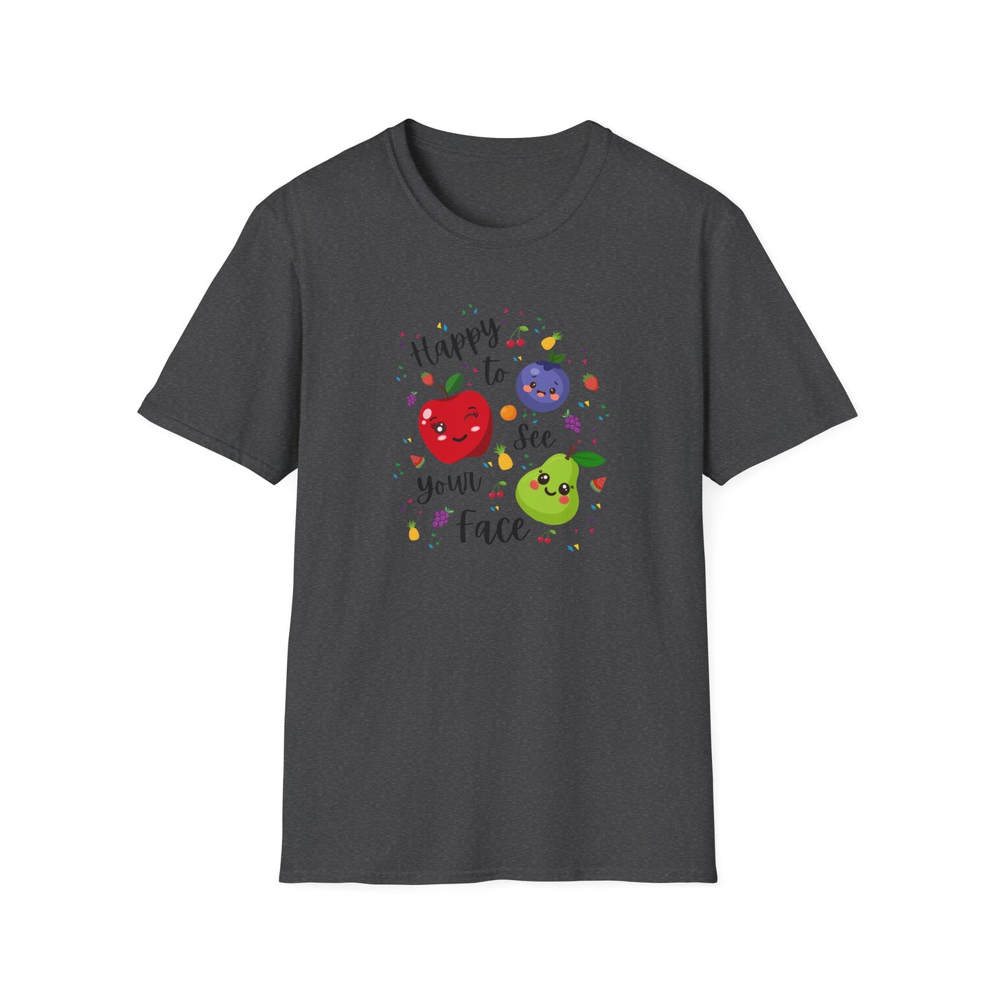 Cute Kawaii Fruit Shirt – Smiling Apple Pear Blueberry Tee – Fun Kids Summer T-Shirt – Colorful Cartoon Fruit Design