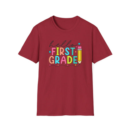 Hello First Grade Pencil T-Shirt — Colorful Back-to-School Cute School Spirit Tee