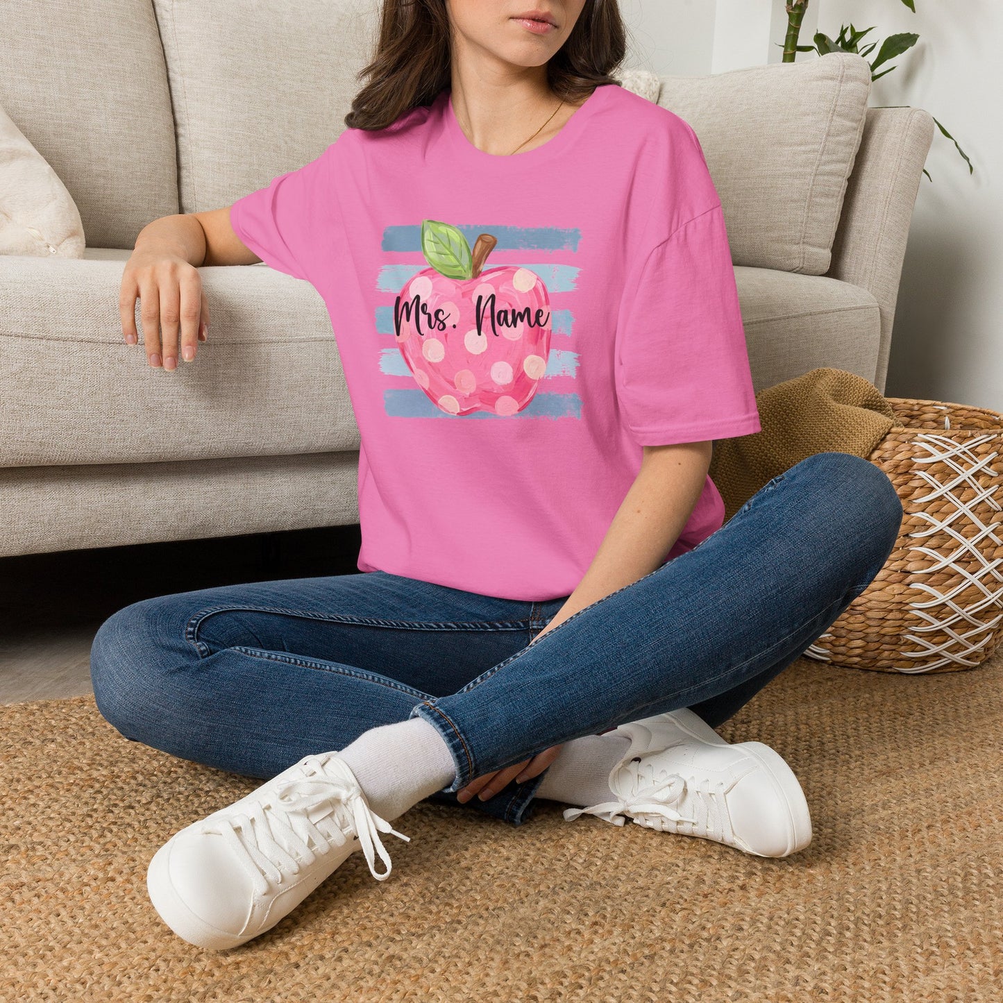 Personalized Teacher Apple Shirt | Custom Teacher Name or Grade Level T-Shirt | Back to School Teacher Tee | Cute Pink Apple Graphic Tee